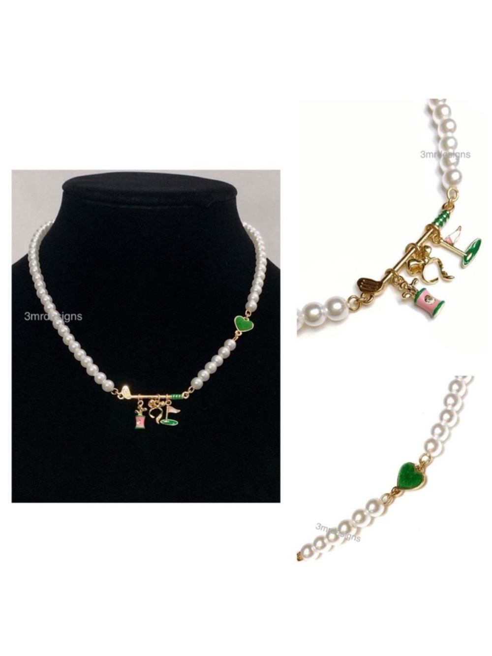 NWT Betsey Johnson💋GOLF FRONTAL Gold Tone Glass Crystals/ Faux Pearl Necklace